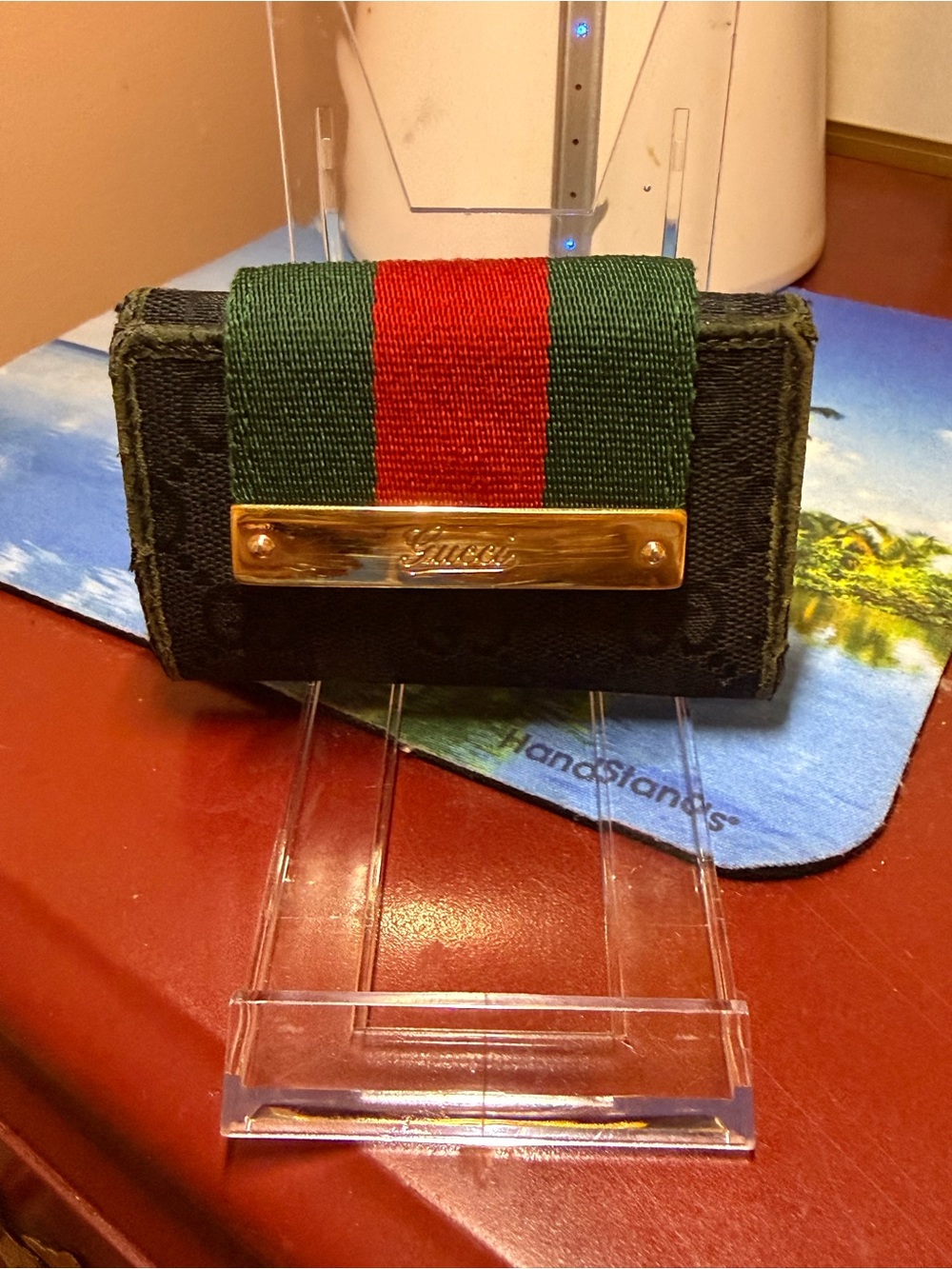 Gucci Black Signature Canvas key/card holder with Green and Red Web